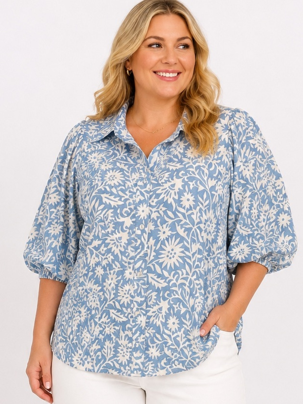 NICOLE MILLER Floral Puff Sleeve Lyocell Button-Up Shirt Blue WMS Size XL NWT